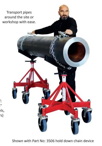 Man moves large metal pipe on red welding stands with Mathey Dearman B&B Giant Jacks Hold Down Chain for pipe stabilization.