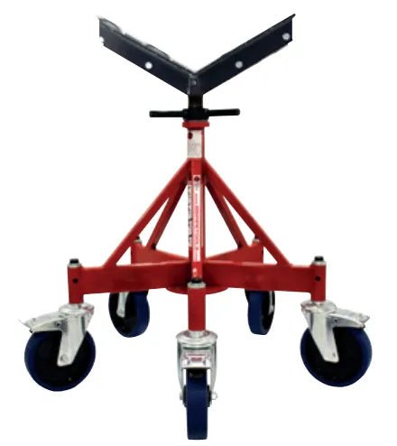 Mathey Dearman B&B Giant 3 Jack Stand with steel wheels, red tripod, V-head, perfect welding pipe support tool by WeldingMart.