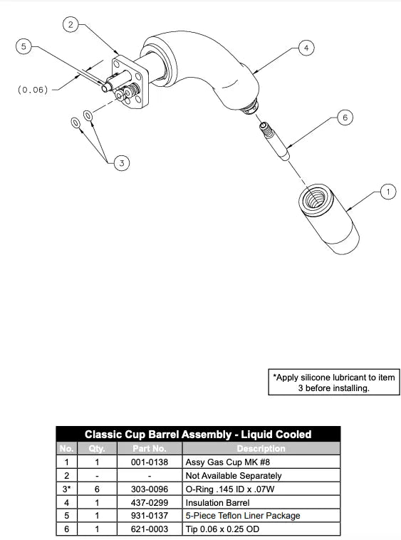 Line drawing of the MK Products 60 Degree Fixed Barrel – Air/Water Cooled (003-2342), with labeled gas cup, O-ring, insulation barrel, and Teflon liner. Apply silicone lubricant; see parts list table below.