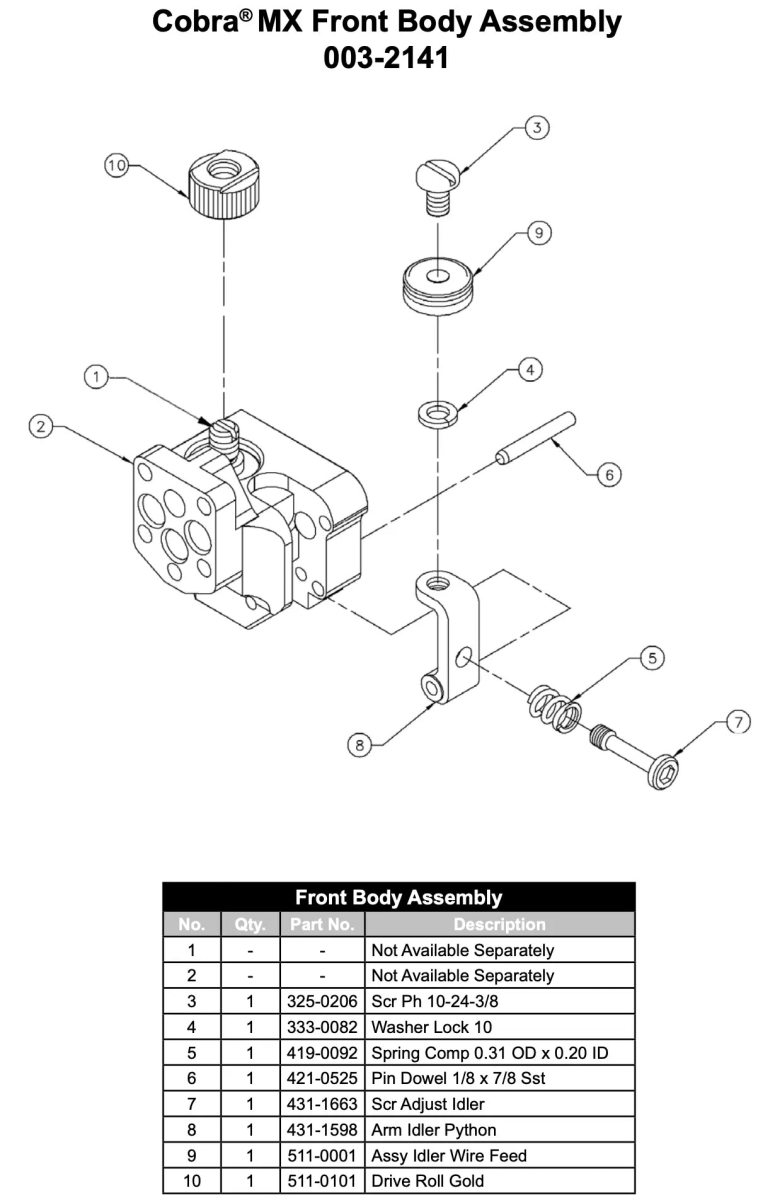 Exploded diagram of the MK Products Assembly Body Front Cobra MAX/MX/X - 003-2141 shows labeled, numbered parts with screws, springs, and fasteners. A table lists each parts number, description, and quantity for assembly reference.