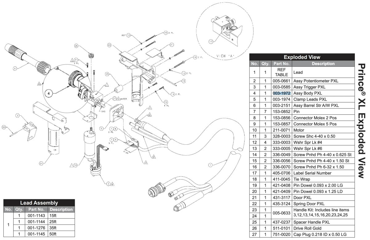 Exploded view diagram of the Mk Products Assembly Body PXL - 003-1972 with labeled parts, a parts list showing reference numbers, part numbers, and descriptions, plus a PXL body assembly table at the bottom left.