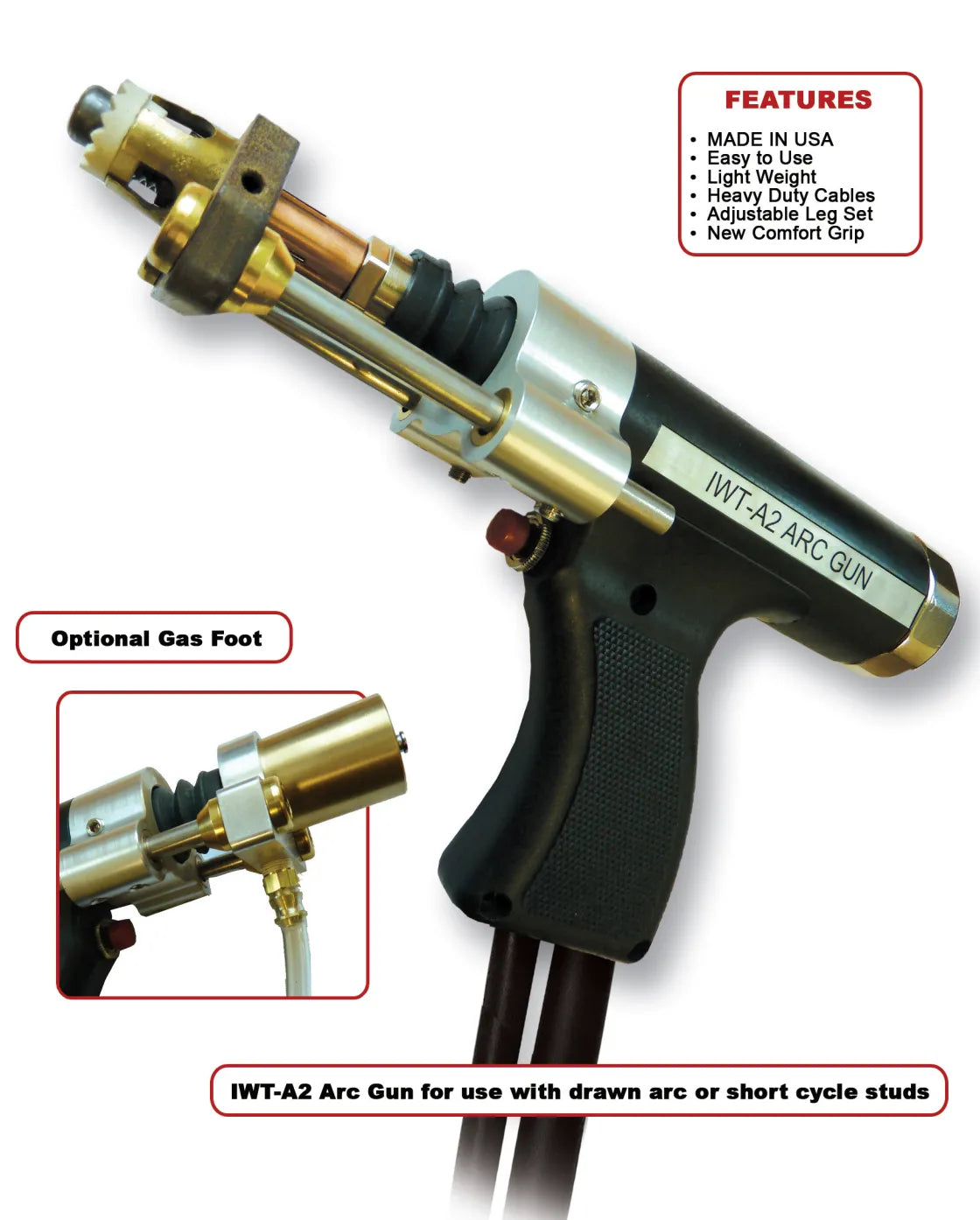 The IWT-A2 Clutch Lift Gun, 24VDC (8-EQ500009A2-24V) is a black and silver industrial arc welding gun with heavy duty cables, new comfort grip, adjustable leg set, lightweight build, optional gas foot, and made in the USA.