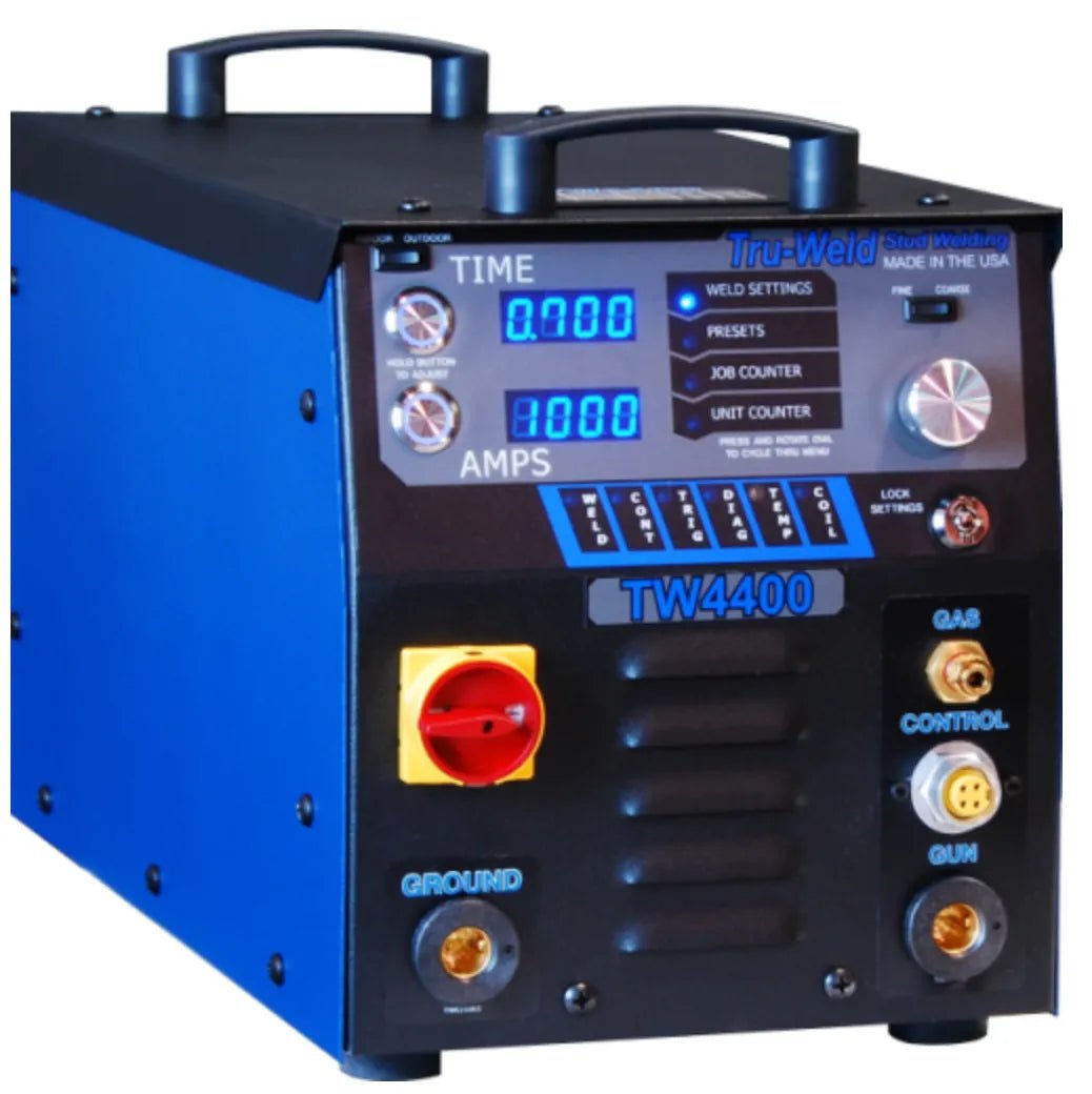 TruWeld TW4400 5/8" Stud Welding System with blue-black case, LED display, TIME/AMPS dials, and welding control connectors.