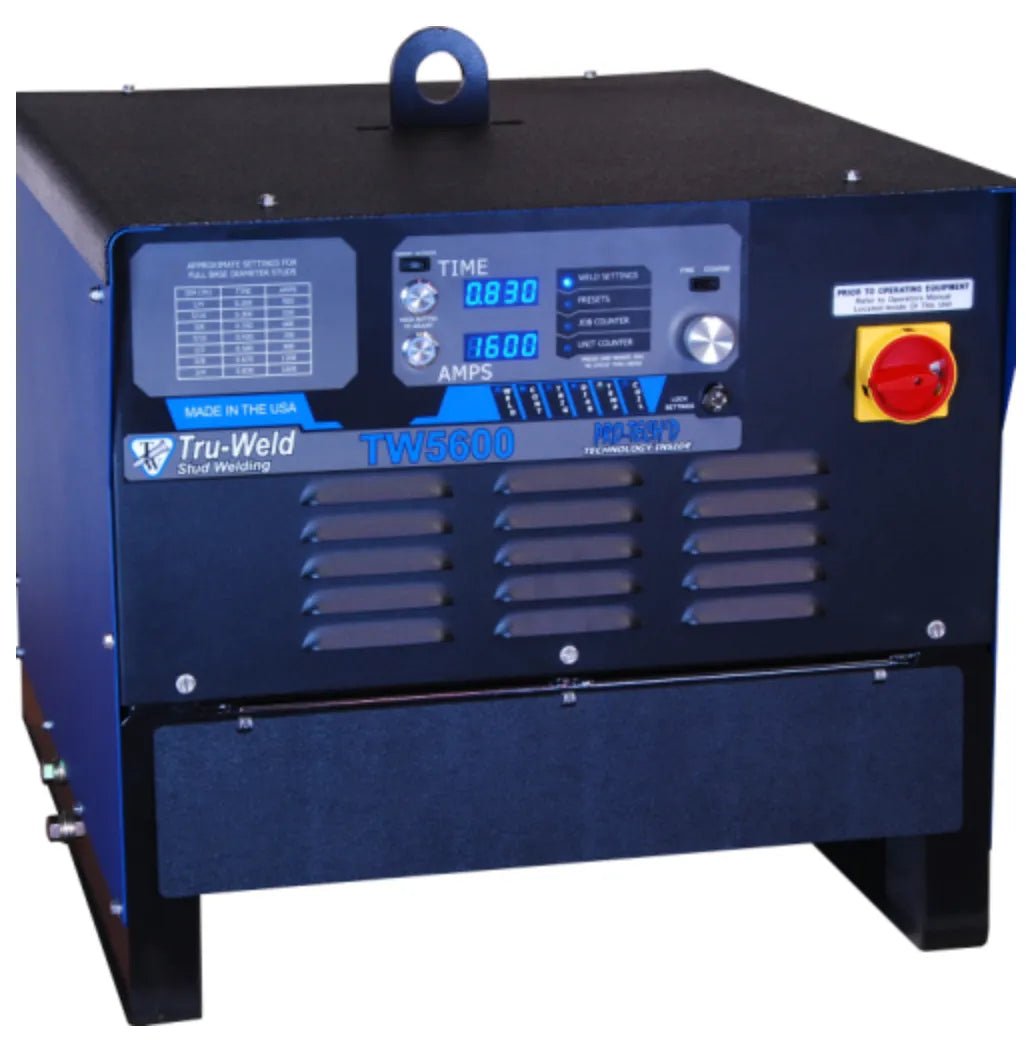 The TruWeld TW5600 3/4 Single Gun Complete Stud Welding System, in black and blue, features digital displays, control knobs, ventilation grilles, an emergency stop button, a top metal handle, and a chart on the front panel.