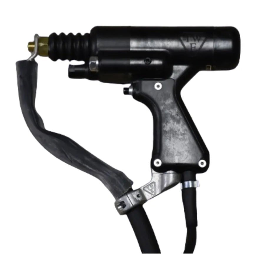A black handheld spray gun with textured grip, hose attachment, and metal fittings—industrial-styled to complement equipment like the TruWeld TW5600 3/4 Stud Welding System (Power Supply Only) for heavy-duty use.