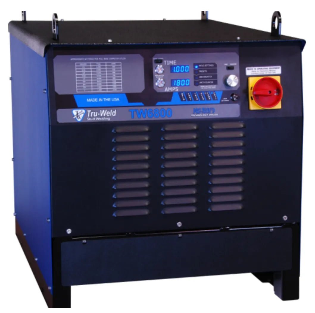 The TruWeld TW6800 1 Stud Welding System (Power Supply Only) is a robust blue and black industrial unit with digital front controls, a red emergency stop, ventilation grilles, and clear indicator labels for demanding applications.