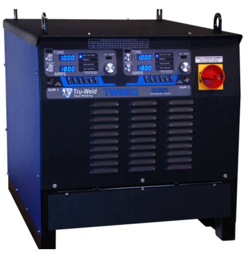 The TruWeld TW6802 1 Dual-Gun Complete Stud Welding System is a robust black and blue industrial unit with digital screens, control knobs, vents, and a red emergency stop on its front panel—built for high-performance stud welding tasks.
