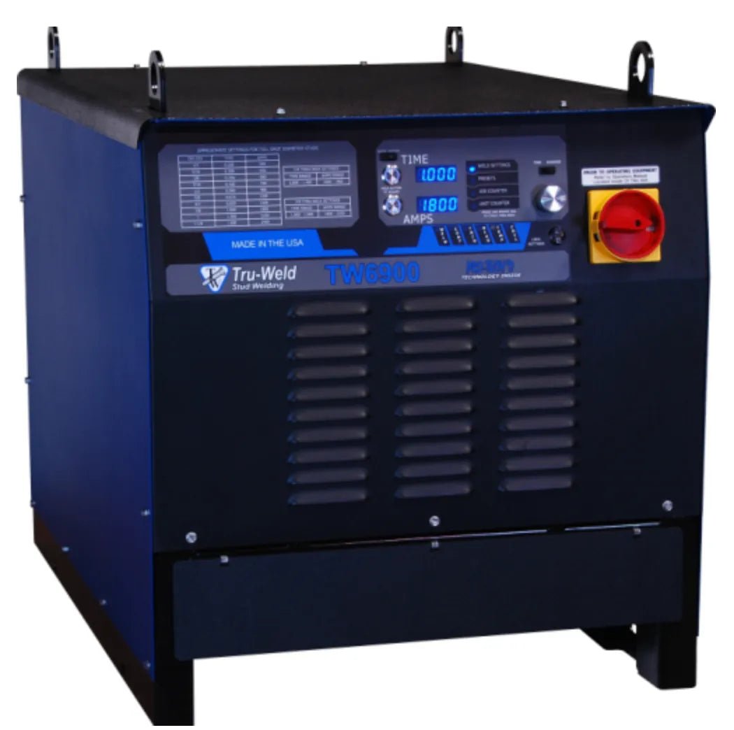 A large blue TruWeld TW6900 1-1/4 Stud Welder System (Power Supply Only) with digital controls, a control panel displaying numeric readouts, switches, a chart, red knob, vent slats, and four-leg base.