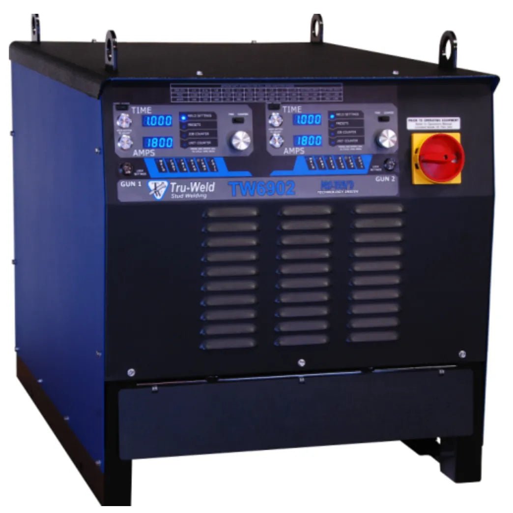 The TruWeld TW6902 1-1/4 Stud Welding System (Power Supply Only) features dual digital control panels, time and amp readouts, front vents, a right-side red emergency stop button, and supports weld thru-deck applications.