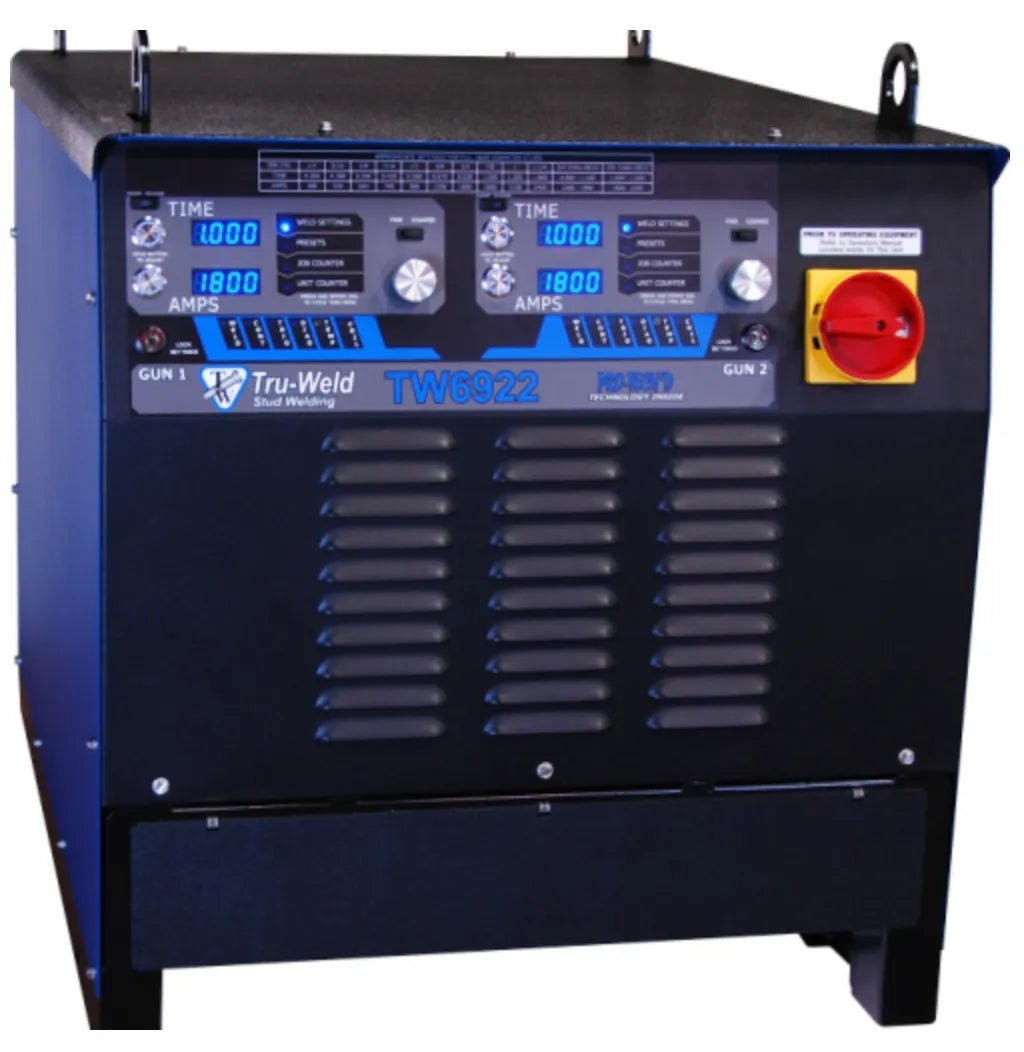 TruWeld TW6922 1-1/4″ Dual Gun Stud Welding System with digital display, safety stop, and controls for deck welding at WeldingMart.