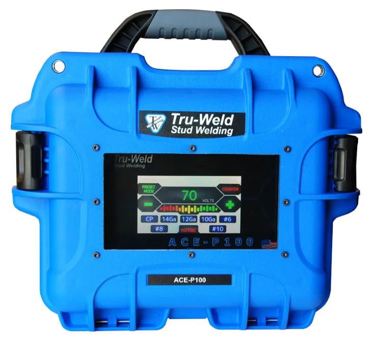TruWeld ACE-P100 Pin Welder case with digital display, controls, and logo—premium welding tool for stainless steel stud welding.