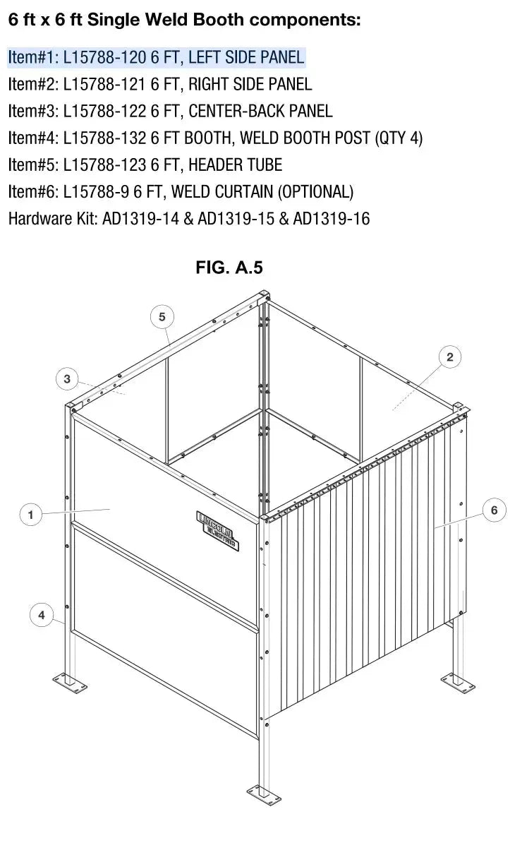 Lincoln 6x6 Single Weld Booth Left Panel L15788-120 line drawing with labeled welding booth parts, posts & hardware kits.
