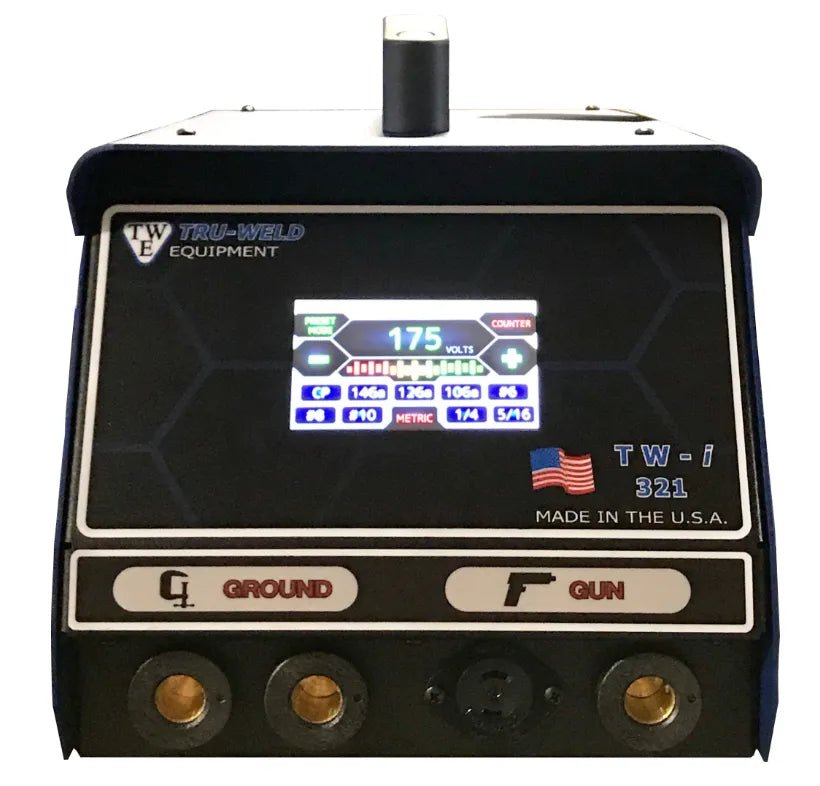 TruWeld TWi-321 5/16″ Capacitor Discharge Welder, digital display, labeled connectors—ideal for stainless steel studs, USA-made.