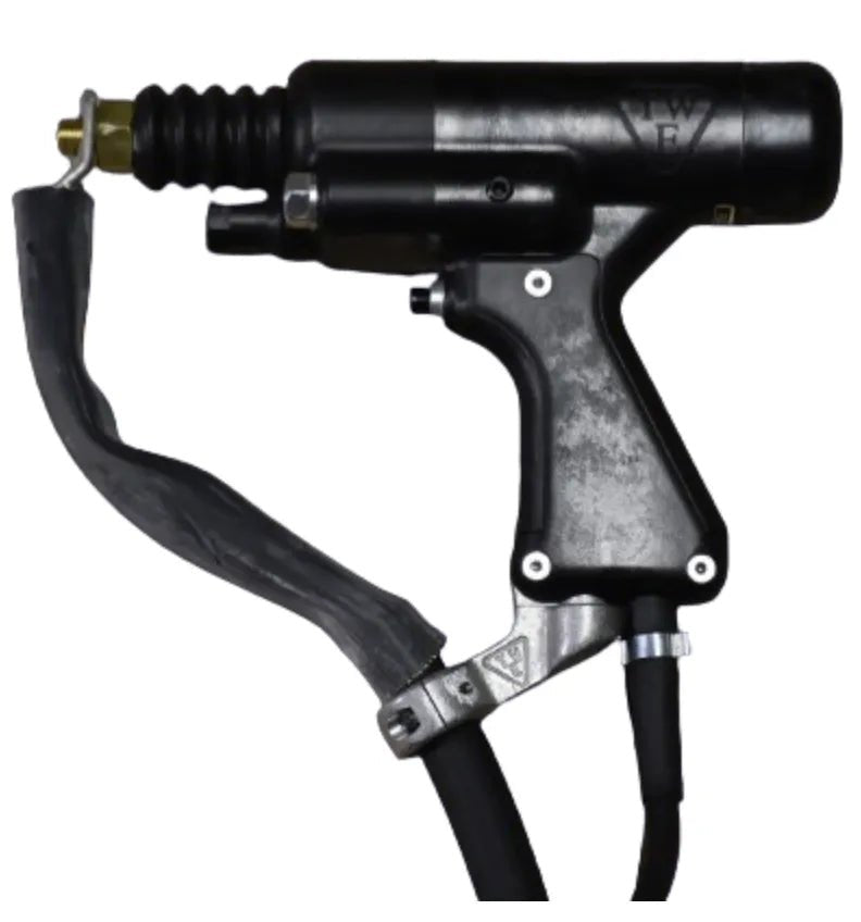TruWeld TWE18500 Medium Duty Stud Gun—black handheld welding tool with trigger handle, bottom hose, and front nozzle.