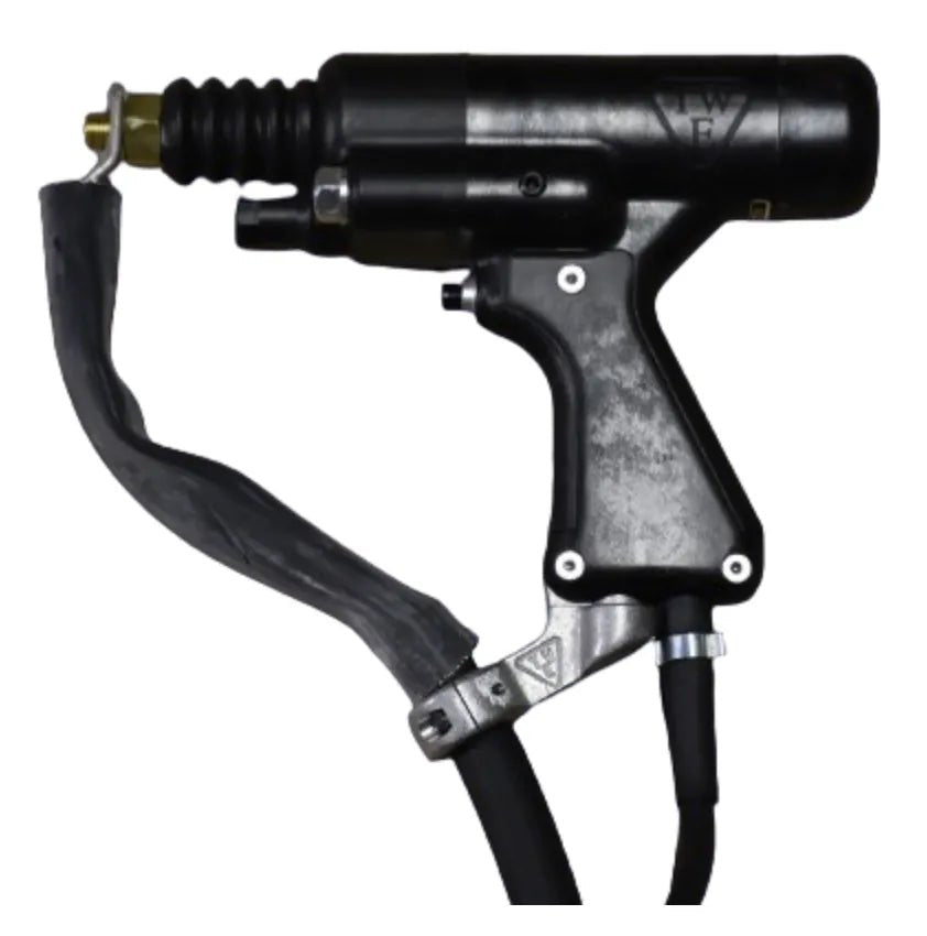 TruWeld TWE17000 Heavy Duty Stud Gun for welding, with textured handle, trigger, metallic nozzle, and two black welding hoses.
