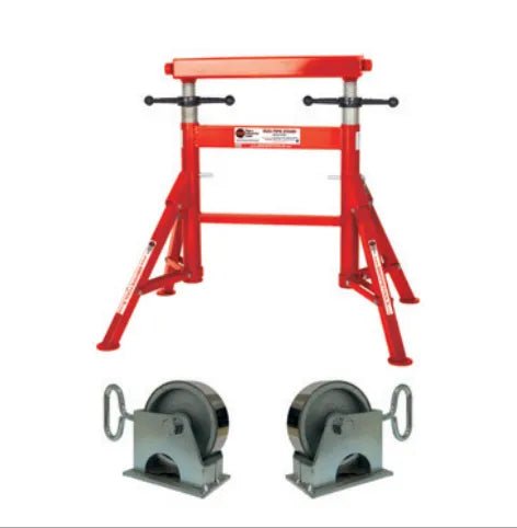 Mathey B&B Height Adjustable Four Leg Pipe Roller 4390 with stainless steel wheels, red frame—premium welding accessory.