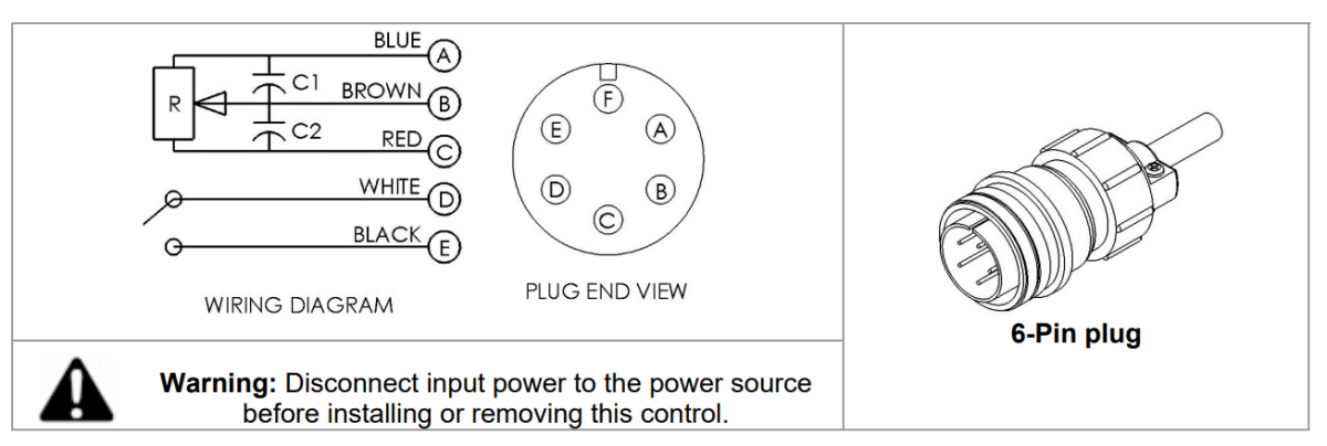 Remote Welding Hand Current Control Box wiring diagram, 6-pin plug pinout for 100-ft cable. WeldingMart equipment accessory.