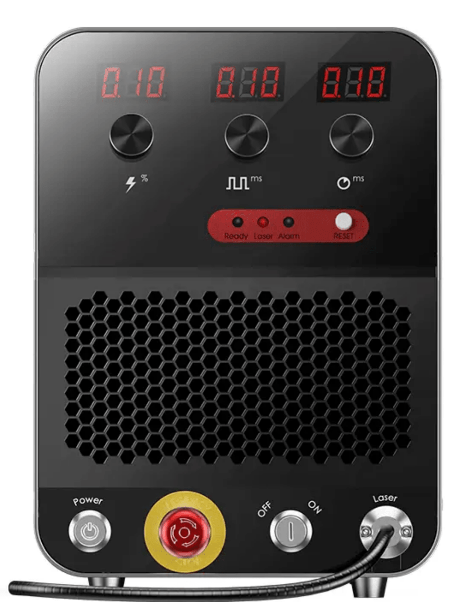 Black electronic device with digital display and control buttons on a white background