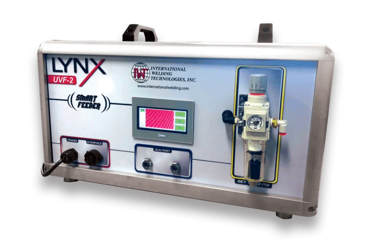 The IWT UVF-2 Smart Feeder (1-IWT500050) from International Welding Technologies features a display screen, control knob, power socket, and smart feeder panel with dials and buttons on the front, shown against a plain white background.