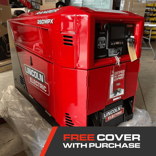 Red Lincoln Ranger 260MPX Engine Driven Welder (U3458-1) in showroom, "FREE COVER WITH PURCHASE" WeldingMart promotion sign.