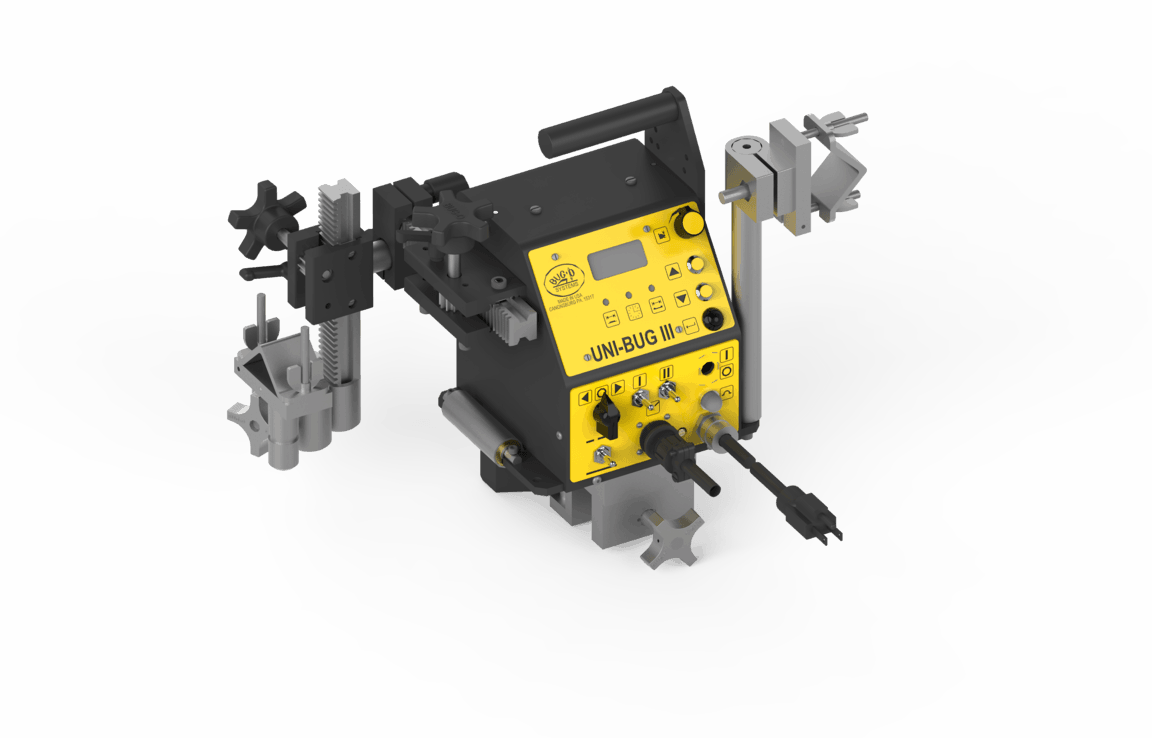 Bug-O UNI-BUG-III 1 Gun Weld 120VAC welder, yellow-black, with clamps, control knobs, and digital display for precision welding.