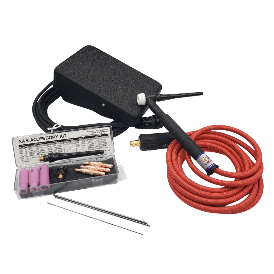Power MIG 215 MPi TIG Accessory Kit with TIG torch, red cable, control box, rods, ceramic cups, and welding tools on white background.