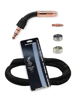 A welding torch kit with a curved copper torch head, Lincoln compatible connector, welding nozzle, circular metal ring, and coiled black hose—ideal for various welding applications and displayed with a product label.