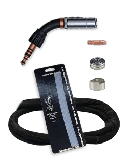 MK Products Python Fronius Push-Pull Gun 35ft 400A 9-Pin parts: torch nozzle, tips, gas diffuser, hose—welding accessories.