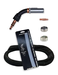 A welding torch accessory kit featuring a torch tip, hose, nozzle, connector, metal components, and a product information card—MK Compatible and ideal for water-cooled setups—all displayed on a white background.