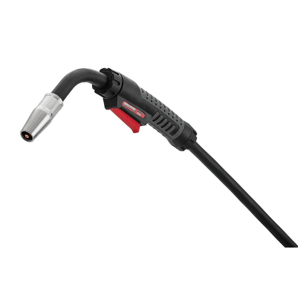 A close-up of the Lincoln Magnum PRO 100L Welding Gun 4-pin, 10 ft (3m) K4528-1, showing its curved metal nozzle, textured grip, red trigger, and long black cable against a plain white background.