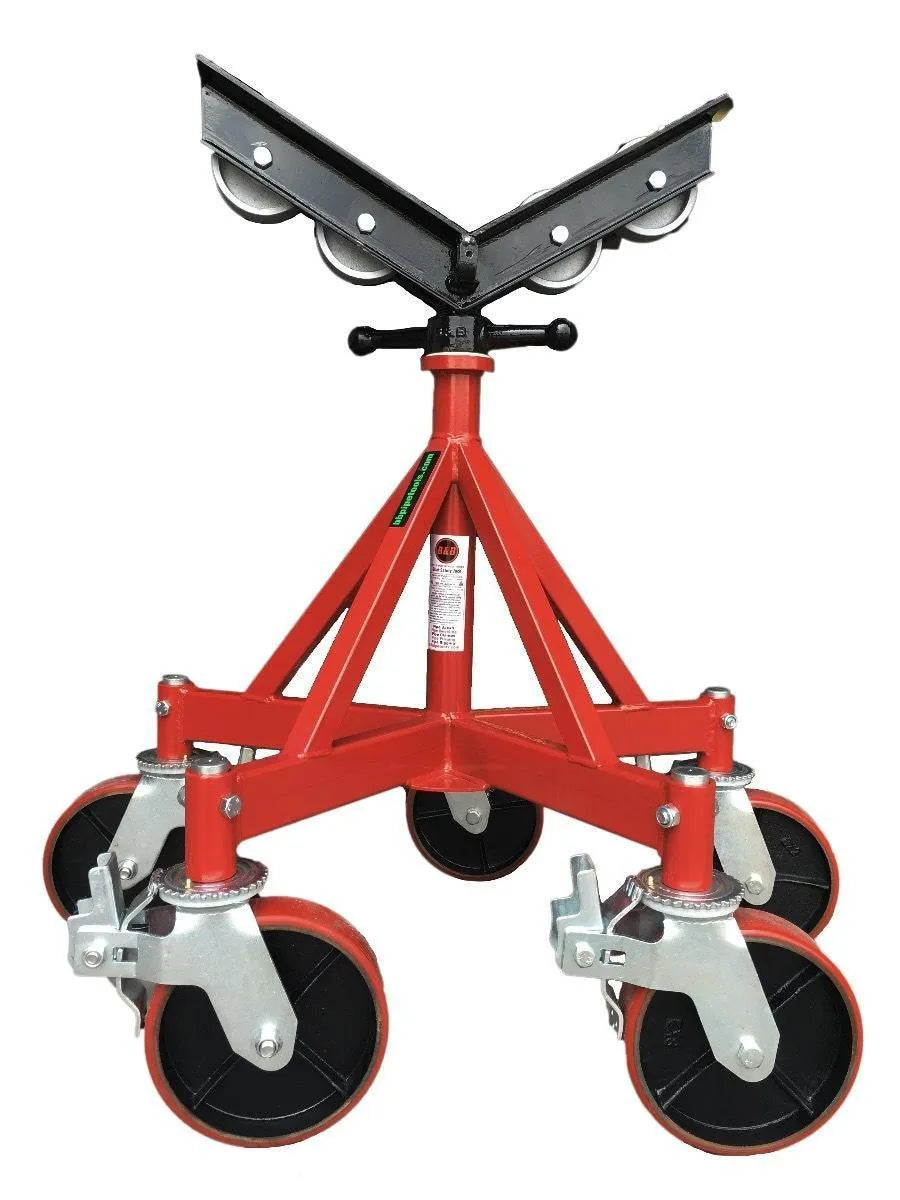 The Mathey Dearman B&B Giant Jack - 5 Leg Giant Jack - 3510 is a red, metal, triangular dolly with five legs and large swivel caster wheels. It features a black, V-shaped pipe cradle, support bars, and an adjustment knob for securely holding cylindrical objects.