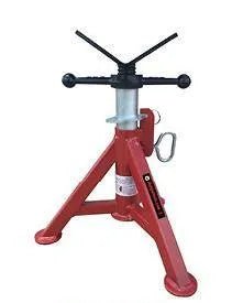 The Mathey Dearman B&B Fixed Leg Pipe Jacks Super Stubby - 4240 is a red tripod pipe stand with flat circular bases, a silver adjustable height mechanism, black rotating handles, and a metal pin for secure pipe alignment and height locking.