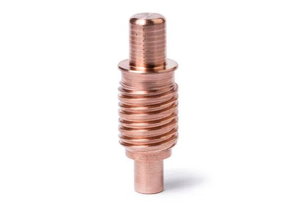 A cylindrical, copper-colored Lincoln Service Part ELECTRODE (45-125A), LC125M (5-PACK) - BK14300-1 with ribbed center, smooth ends, and a flared disc is shown for the FlexCut 125 plasma system against a white background.