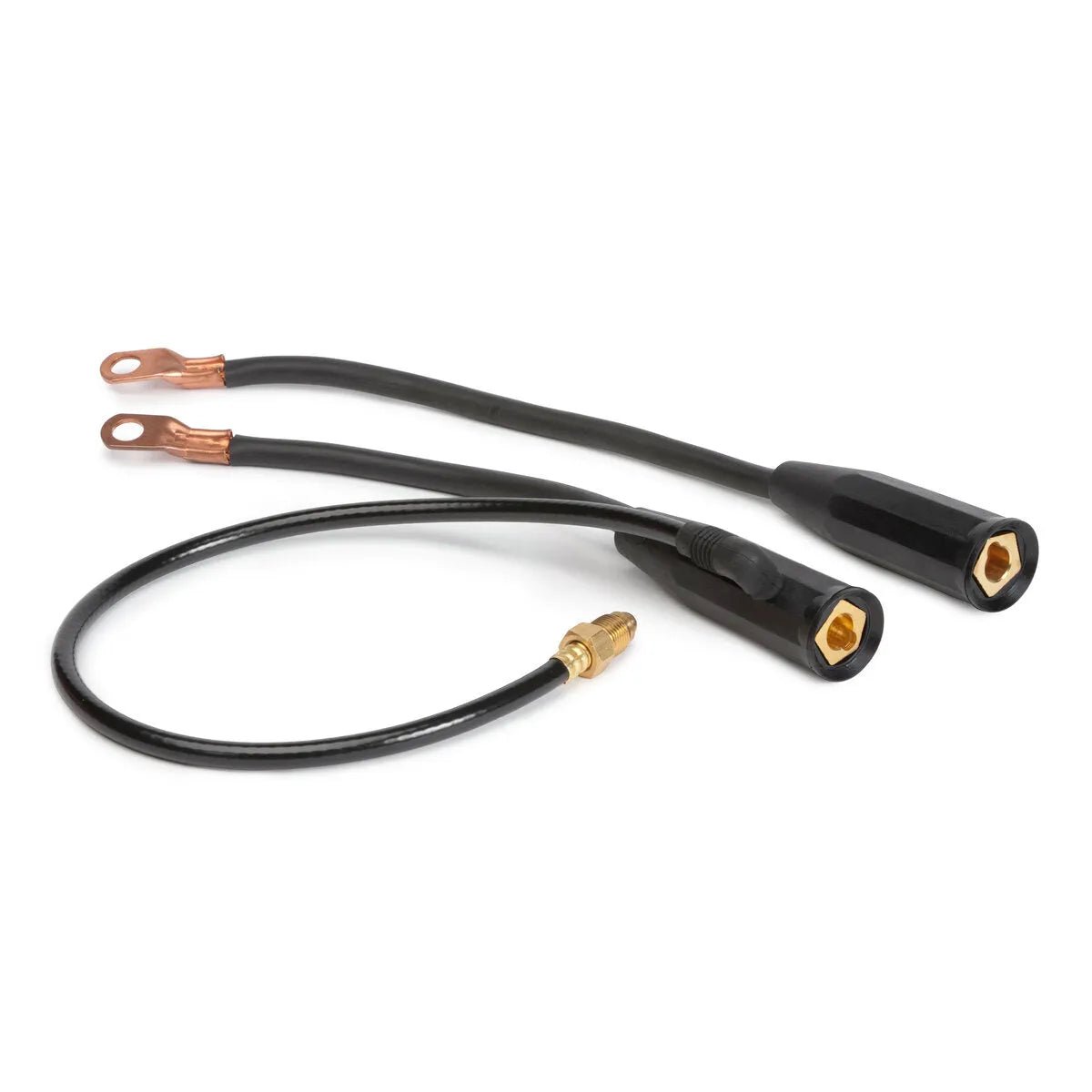 The Lincoln TIG Torch Twist-Mate to Stud Adapter Cable, 2 ft. (K2505-3), is shown with a gas hose, featuring one end with a copper ring terminal and hexagonal brass fitting, and the other with a cylindrical brass connector.