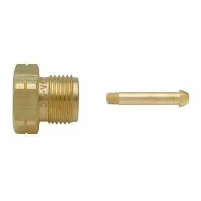 A brass fitting with threaded ends is shown apart from its matching brass insert, both parts aligned side by side on a white background.