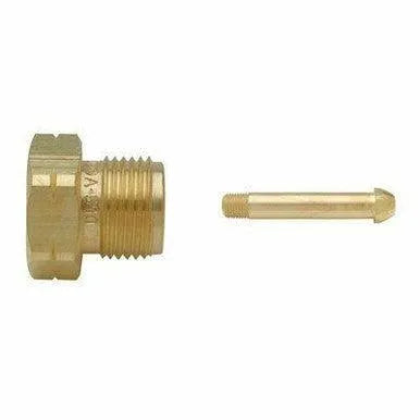Brass hexagonal cap with external threading next to a separate, small brass rod with threading on one end, both placed on a white background.