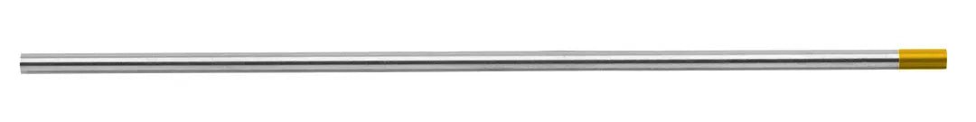 A straight, cylindrical CK Worldwide Tungsten .020 1.5% Lanthanated electrode (T0207Gl) with a smooth silver surface and a short yellow tip at the right end is positioned horizontally against a white background for TIG welding use.