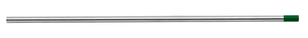 The CK Worldwide Tungsten .040 Pure - T0407G is a long, straight, metallic silver electrode with a green-tipped end, featuring a smooth and shiny finish—perfect for AC TIG welding. The background is plain white.