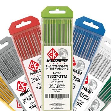 Five color-coded packs of CK Worldwide Tungsten 1/16 2% Lanthanated electrodes (T1167Gl2) are fanned out. Each clear pack displays rods for precision welding, labeled with size, type, and quantity.