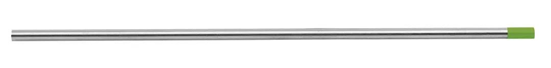 A straight, metallic rod rests on a white background. Its sleek silver surface and small green cap identify it as a CK Worldwide Tungsten 1/16 Layzr (T1167Gtm) welding electrode.
