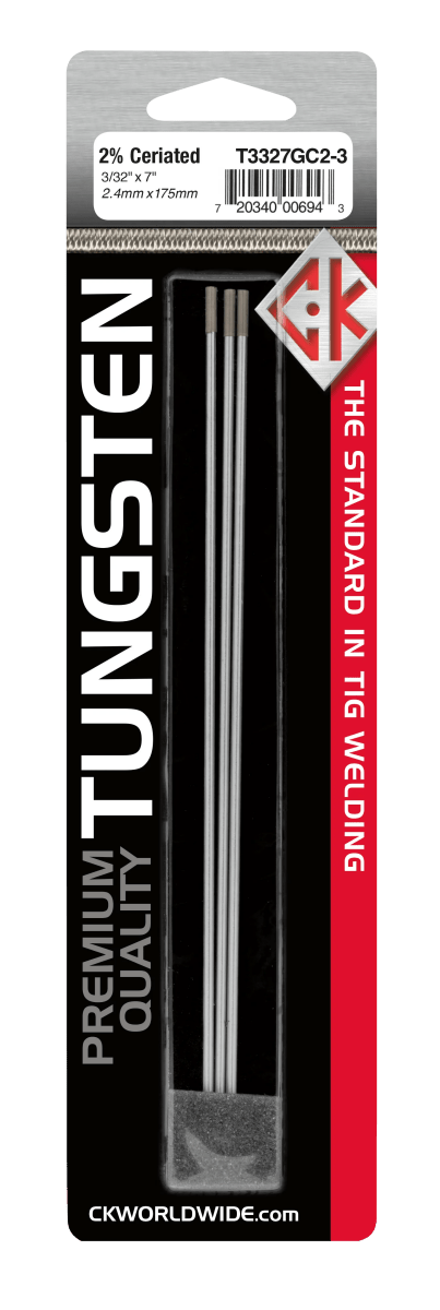 A retail pack of CK Worldwide Tungsten 1/16 X 7 2% Ceriated (T1167Gc2-3) for TIG welding. Three silver electrodes with gray tips are visible in clear plastic; red side label reads “THE STANDARD IN TIG WELDING” with product details and barcode above.