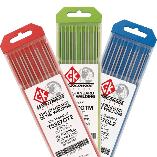 Three rectangular plastic cases of CK Worldwide - Tungsten 1/4 2% Thoriated (T147Gt2) electrodes are shown in red, green, and blue. Each case has a clear front displaying the electrodes, product info, logo, and barcode.