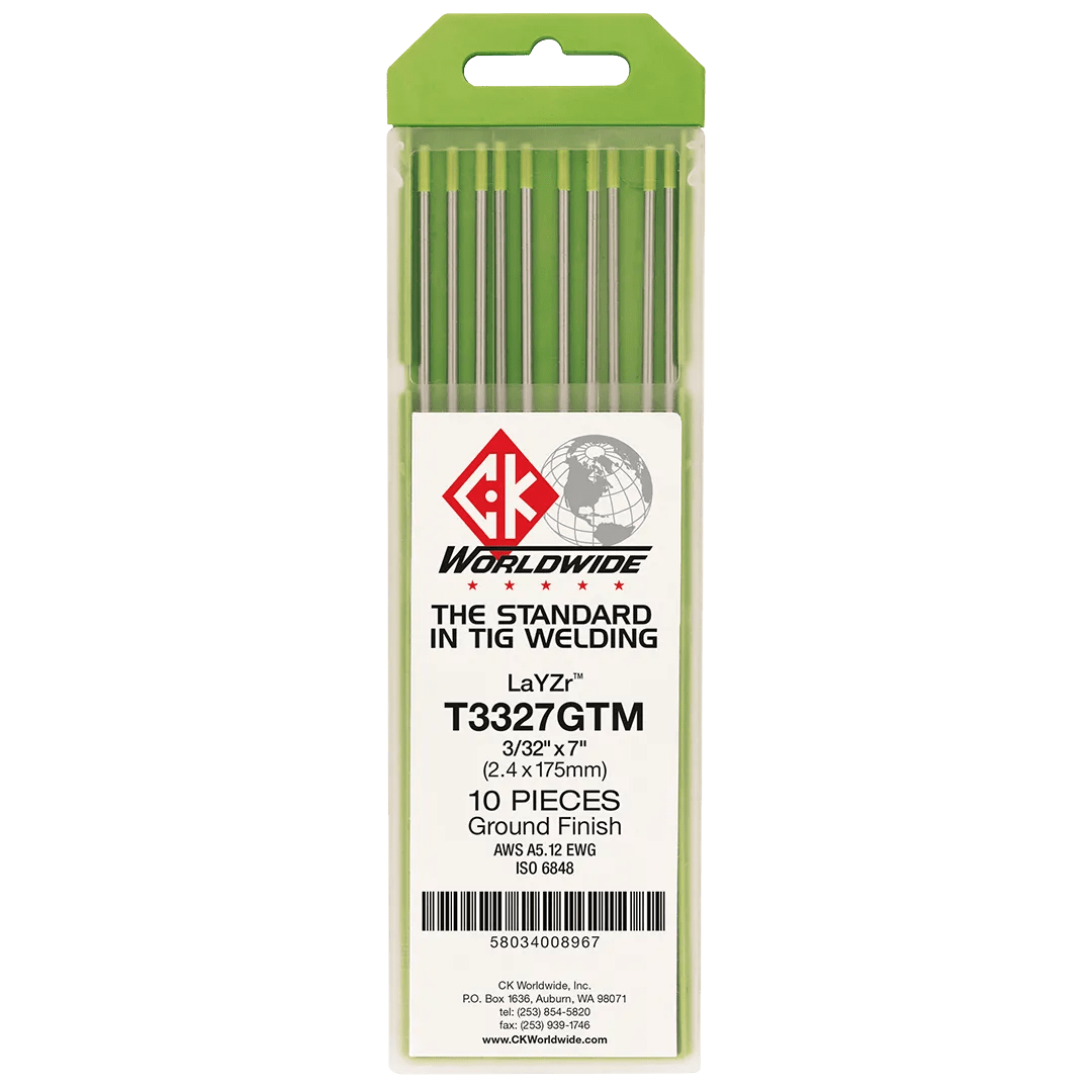 A vertical pack of 10 CK Worldwide Tungsten 1/8 Layzr (T187Gtm) electrodes is shown. The green-tipped rods label lists size, finish, and standards, with a barcode below—highlighting their top-quality for TIG welding.