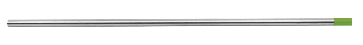 A straight 1/8 CK Worldwide Layzr Tungsten Electrode (T187Gtm) with a reflective silver finish and solid green tip lies horizontally on a light gray background, designed for precision welding applications.