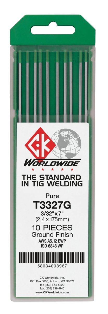 A clear plastic case holds 10 pure tungsten electrodes (CK Worldwide - Tungsten 1/8 Pure - T182G) for AC TIG welding. The white label displays the CK Worldwide logo, product info, and company contact details.