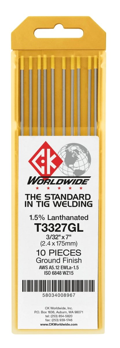 A yellow plastic pack labeled CK Worldwide - Tungsten 1/8 x 7 1.5% Lanth. - T187Gl-3 holds ten TIG welding rods with certification details, a ground finish, and a barcode at the bottom.