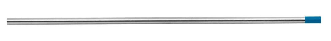 A CK Worldwide Tungsten 3/16 2% Thoriated rod (T3167Gt2) with a smooth silver finish and blue-capped end lies horizontally on a white background, designed for TIG welding.