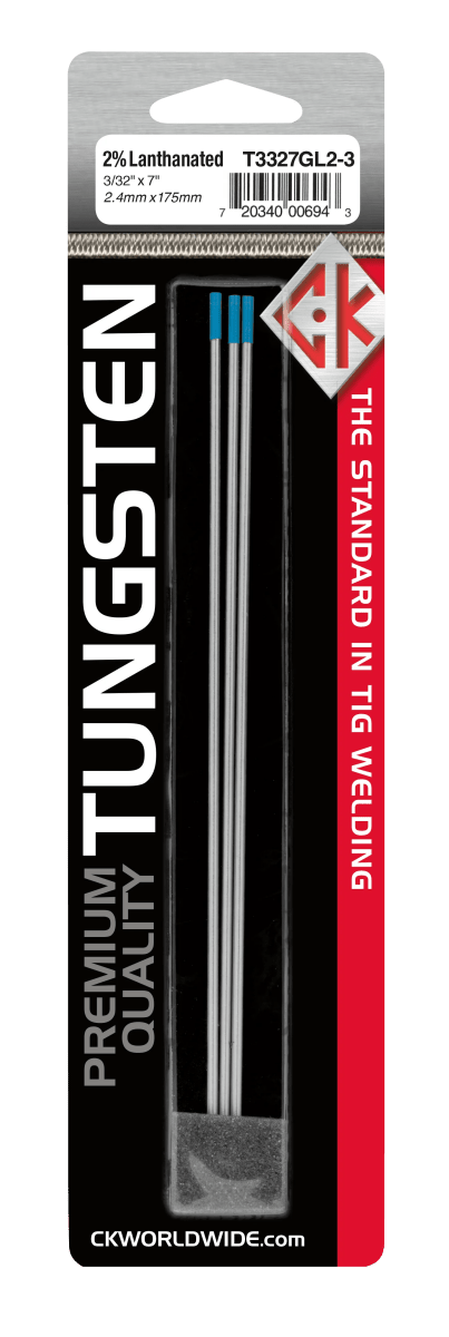 A package of CK Worldwide - Tungsten 3/32 2% Lanthanated (T3327Gl2-3) displays three silver rods with blue tips in clear plastic, product details and barcode at the top, and CK Worldwide branding along the left side.