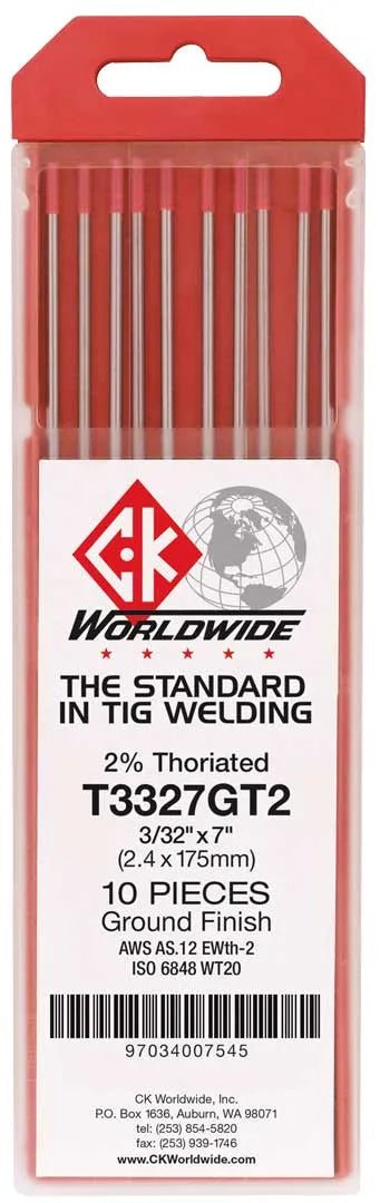 A clear plastic pack holds 10 red-tipped CK Worldwide Tungsten 3/32 x 7 2% Thoria electrodes (T3327Gt2-3) for TIG welding, labeled with product info and a barcode below.
