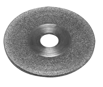 A close-up of the CK Worldwide Tungsten Electrode Grinder Ts10โs circular grinding wheel shows its textured abrasive edge and smooth metal center. Designed for sharpening or grinding, the wheel lies flat against a light background.
